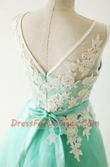 Apple Green A-line Bateau Sleeveless Tulle Knee Length Zipper Lace and Sashes ribbons