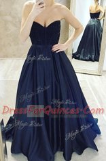 Custom Designed Navy Blue A-line Satin Sweetheart Sleeveless Belt Zipper Prom Party Dress Sweep Train