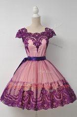 Tulle Square Cap Sleeves Zipper Belt Prom Evening Gown in Purple