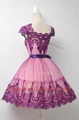 Tulle Square Cap Sleeves Zipper Belt Prom Evening Gown in Purple