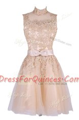 Stylish Knee Length Champagne Prom Party Dress High-neck Sleeveless Zipper