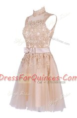Stylish Knee Length Champagne Prom Party Dress High-neck Sleeveless Zipper