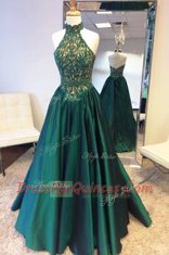 Sweep Train A-line Prom Gown Teal Halter Top Taffeta Sleeveless Zipper