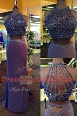 Purple Two Pieces Elastic Woven Satin Scoop Sleeveless Beading Floor Length Zipper Prom Evening Gown