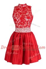 Red Empire V-neck Sleeveless Satin Knee Length Criss Cross Beading and Lace