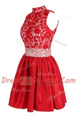 Red Empire V-neck Sleeveless Satin Knee Length Criss Cross Beading and Lace