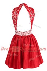 Red Empire V-neck Sleeveless Satin Knee Length Criss Cross Beading and Lace