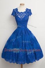 Discount Scalloped Knee Length Royal Blue Prom Party Dress Lace Cap Sleeves Lace