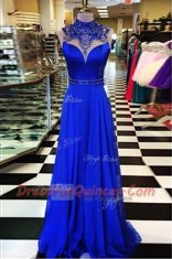 Great Royal Blue Evening Dress Chiffon Sweep Train Sleeveless Beading
