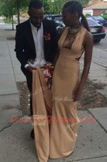Dynamic Mermaid Backless Prom Dresses Champagne for Prom with Ruching Sweep Train