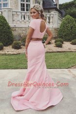 Flirting Mermaid Scoop Sleeveless Satin Sweep Train Backless Prom Gown in Rose Pink with Ruching