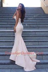 Mermaid White Sleeveless Ruching Backless Prom Dresses