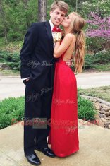 Exquisite Red Sleeveless Floor Length Ruching Backless Homecoming Dress