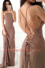 Brown Sleeveless Sweep Train Ruching With Train Homecoming Dress