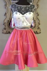 Mini Length Rose Pink Prom Dress Elastic Woven Satin Cap Sleeves Sashes ribbons