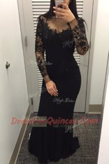 Black Mermaid Satin Bateau Long Sleeves Beading and Lace Floor Length Zipper Prom Party Dress