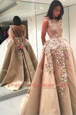Champagne A-line Lace and Appliques Prom Dress Backless Satin Sleeveless Floor Length
