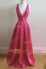 Hot Pink Criss Cross V-neck Pleated Prom Dress Satin Sleeveless