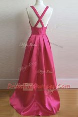 Hot Pink Criss Cross V-neck Pleated Prom Dress Satin Sleeveless