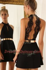 Halter Top Mini Length Black Prom Dress Satin Sleeveless Belt