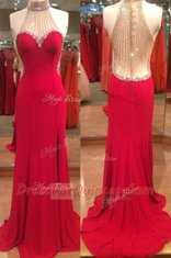 Excellent Halter Top Red Mermaid Beading Zipper Satin Sleeveless Floor Length