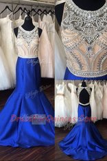 Mermaid Scoop Royal Blue Prom Dresses Satin Sweep Train Sleeveless Beading