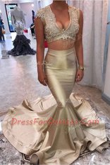 Pretty Mermaid Champagne Satin Court Train Sleeveless Appliques