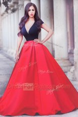 Super Red And Black A-line V-neck Short Sleeves Satin With Train Sweep Train Zipper Beading Dress for Prom