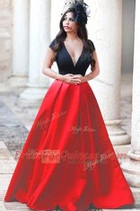 Super Red And Black A-line V-neck Short Sleeves Satin With Train Sweep Train Zipper Beading Dress for Prom