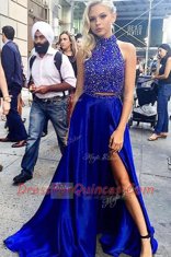 Fantastic Royal Blue Zipper Homecoming Dress Beading Sleeveless With Train Sweep Train