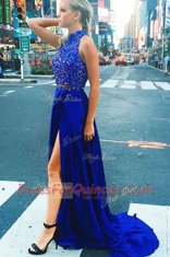 Fantastic Royal Blue Zipper Homecoming Dress Beading Sleeveless With Train Sweep Train