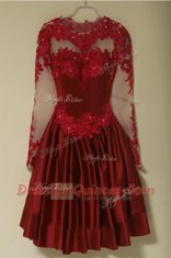 Customized Scoop Knee Length Wine Red Evening Dress Satin Long Sleeves Appliques
