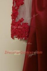 Customized Scoop Knee Length Wine Red Evening Dress Satin Long Sleeves Appliques