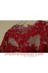 Customized Scoop Knee Length Wine Red Evening Dress Satin Long Sleeves Appliques
