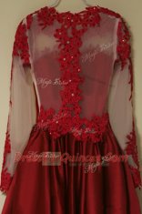Customized Scoop Knee Length Wine Red Evening Dress Satin Long Sleeves Appliques