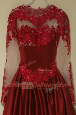 Customized Scoop Knee Length Wine Red Evening Dress Satin Long Sleeves Appliques