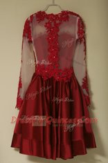 Customized Scoop Knee Length Wine Red Evening Dress Satin Long Sleeves Appliques