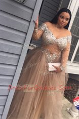 Classical Grey Tulle Zipper Scoop Long Sleeves Prom Party Dress Sweep Train Beading