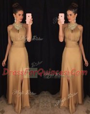 Scoop Sleeveless Floor Length Beading Gold Satin