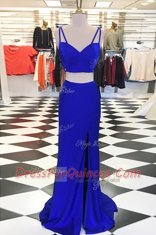 Flare Scoop Royal Blue Sleeveless Elastic Woven Satin Sweep Train Zipper Evening Dress for Prom