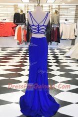 Flare Scoop Royal Blue Sleeveless Elastic Woven Satin Sweep Train Zipper Evening Dress for Prom