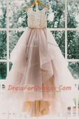 Champagne Scoop Neckline Lace Prom Gown Sleeveless Backless