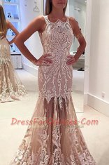 Mermaid Scoop Sleeveless Sweep Train Zipper Prom Dress Champagne Tulle