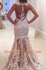 Mermaid Scoop Sleeveless Sweep Train Zipper Prom Dress Champagne Tulle