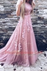 Fabulous Pink Tulle Zipper Scoop Sleeveless Prom Evening Gown Sweep Train Appliques and Sashes ribbons