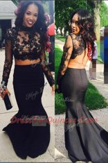 Affordable Mermaid Black Prom Dress Prom and For with Appliques Scoop Long Sleeves Sweep Train Zipper