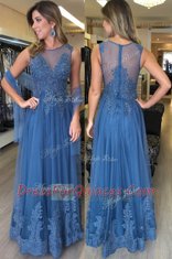 Comfortable Blue Tulle Zipper Scoop Sleeveless Floor Length Prom Dress Beading and Appliques
