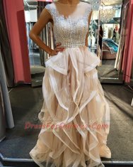 Tulle Scoop Sleeveless Zipper Beading and Ruffles Prom Dress in Champagne