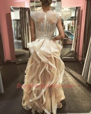 Tulle Scoop Sleeveless Zipper Beading and Ruffles Prom Dress in Champagne