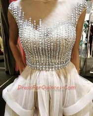 Tulle Scoop Sleeveless Zipper Beading and Ruffles Prom Dress in Champagne